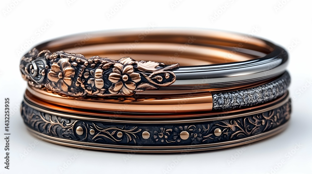 Stacked bangles featuring floral engravings, polished metal, and Stacked bangles featuring floral engravings, polished metal, and