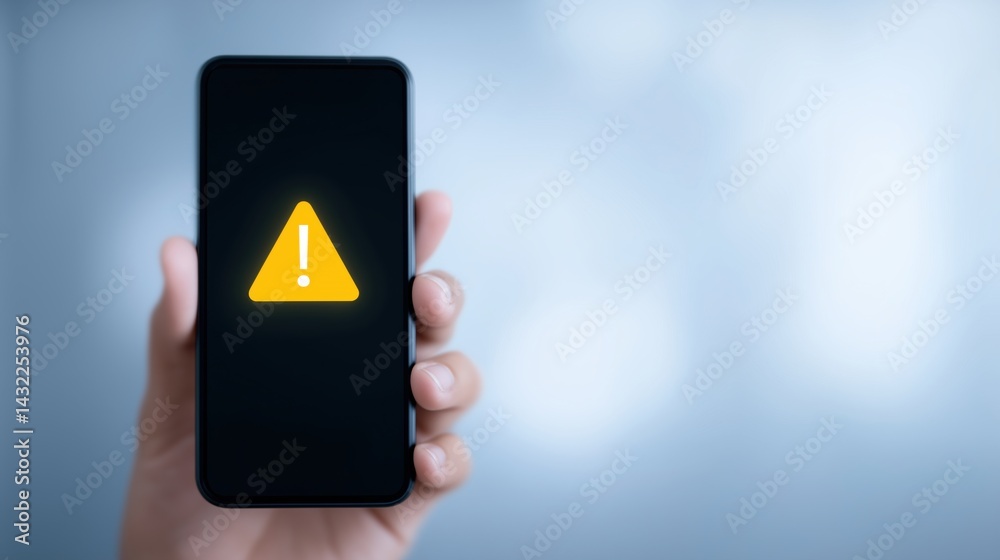 Warning symbol displayed on smartphone held in hand shows caution about potential phone issues in modern technology.