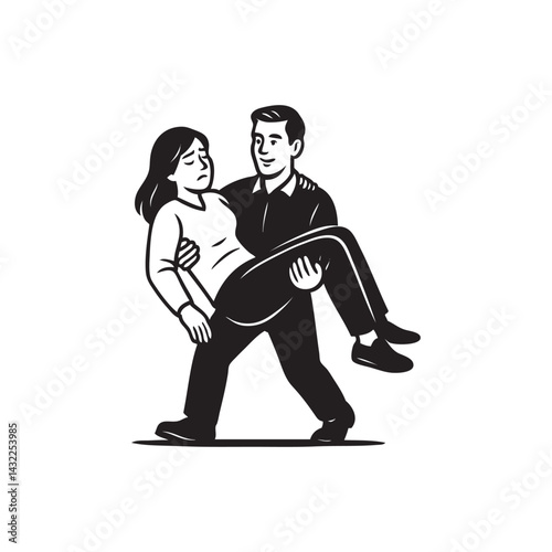 Husband carrying wife who has sprained her ankle