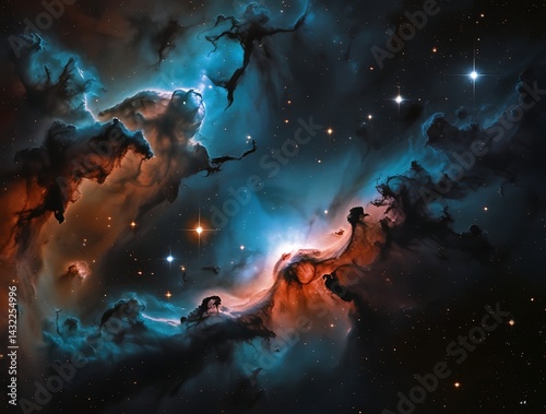 Stunning deep space view of a colorful nebula with glowing stars and cosmic clouds, revealing the beauty of interstellar formation, galactic structure, and outer universe

 photo