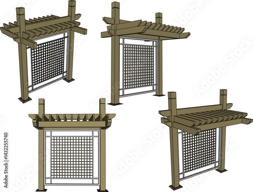 vector sketch illustration of wooden pergola design silhouette with vines for shade decoration in the garden 