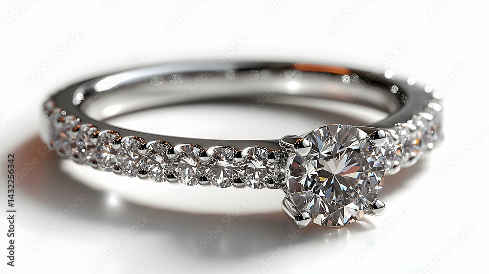Sparkling Diamond Ring with Pave Band on White Surface, Close-Up Sparkling Diamond Ring with Pave Band on White Surface, Close-Up