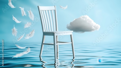 Empty chair afloat on water, surrounded by feathers and a cloud.