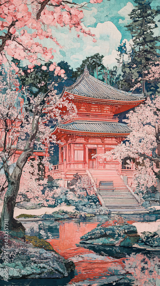 Fototapeta premium Serene Japanese Architecture Amidst Cherry Blossoms: A Tranquil Scene with Pagoda and Vibrant Colors in a Historic Zen Garden