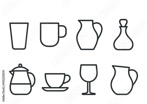 Beverage and drink outline icon set – linear style coffee, tea, and barware symbols for culinary designs: mug, teacup, wine glass, pitcher, kettle, decanter, tumbler, jug.