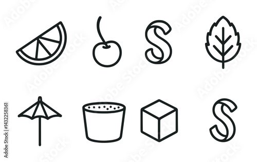 Nature and fruit outline icon set – linear style eco, leafy, and fresh symbols for organic design: citrus slice, cherry, letter s, leaf, umbrella, cup, cube