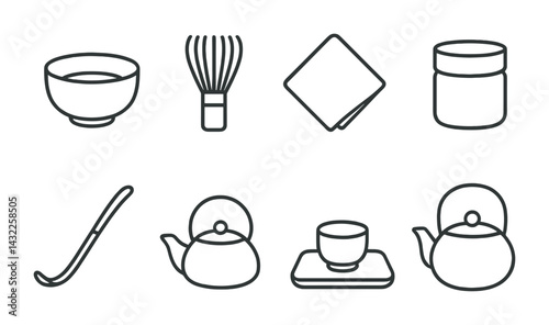 Japanese tea ceremony outline icons set – linear style matcha, tradition, and cultural symbols for authentic experience: tea bowl, whisk, cup, teapot, napkin, tea jar.