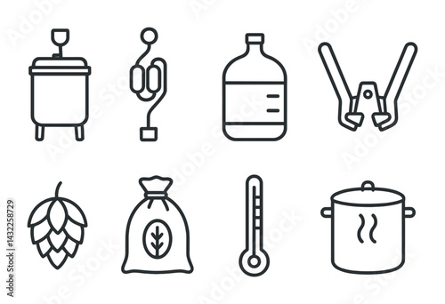 Brewing equipment icons set – outline style craft beer, homebrewing, and fermentation symbols for enthusiasts: brewing kettle, hops, fermenter, hydrometer, bottle