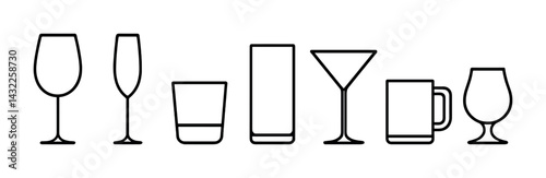 Linear drinkware icons set – outline style for beverage, bar, and hospitality designs: wine glass, champagne flute, tumbler, highball, martini glass, mug, brandy snifter.