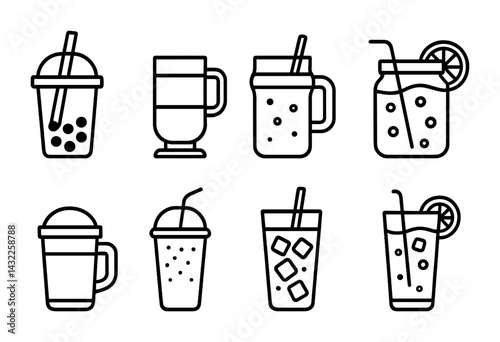 Refreshing beverage outline icons set – line style drink, cafe, and refreshment symbols for branding: bubble tea, mug, mason jar, smoothie, iced coffee, lemonade.