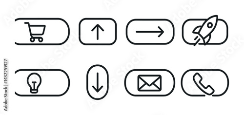 User interface outline icons set – linear style for app and web design: increase efficiency and enhance usability with shopping cart, upload, arrow, rocket, bulb, download, email, phone