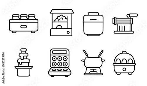 Gourmet kitchen appliances icon set – outline style cooking, baking, and culinary symbols for chefs and foodies: pasta maker, popcorn machine, fondue set, waffle maker, steamer, slow cooker,