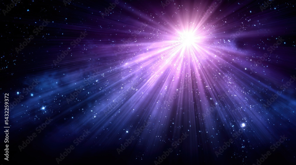 A vibrant cosmic scene featuring a bright star emitting rays of light amidst a backdrop of deep purple and dark star-filled space. A vibrant cosmic scene featuring a bright star emitting rays of light amidst a backdrop of deep purple and dark star-filled space.