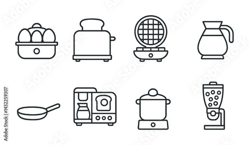 Kitchen appliance line icons set – outline style for culinary tools, cooking equipment, and home use: toaster, waffle maker, coffee pot, steamer, frying pan, blender
