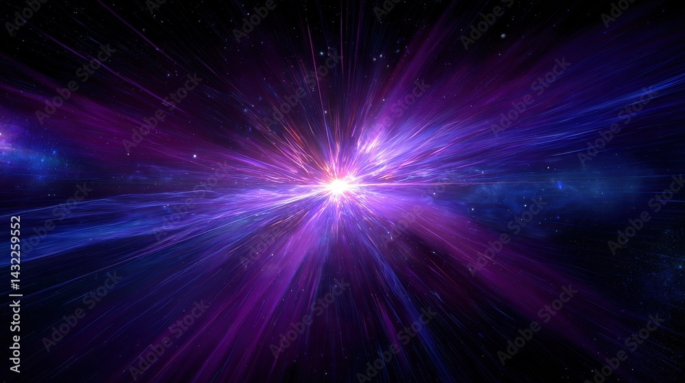 Obraz premium A vibrant cosmic scene depicting a burst of light in a dark, star-filled space, showcasing swirling colors of purple and blue.
