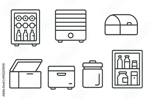 Home appliance outline icons set – essential household gadget symbols for modern kitchen and living: refrigerator, wine cooler, chest freezer, dehydrator, jar, bread box.