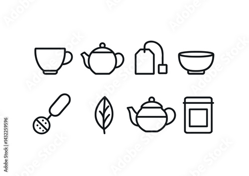 Tea icons set – linear style café, beverage, and drink symbols for hospitality branding: teacup, teapot, tea bag, bowl, spoon, leaf, tea tin.