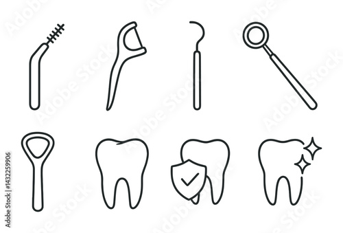 Dental care line icons set – outline style for oral hygiene and tooth health: toothbrush, dental floss, dental mirror, tooth, tooth shield, plaque remover, sparkly teeth