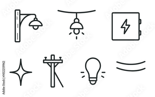 Energy and electricity line icons set – outline style power, lighting, and utility symbols for sustainable design: streetlight, hanging lamp, electrical box, spark, power line, bulb, wave.