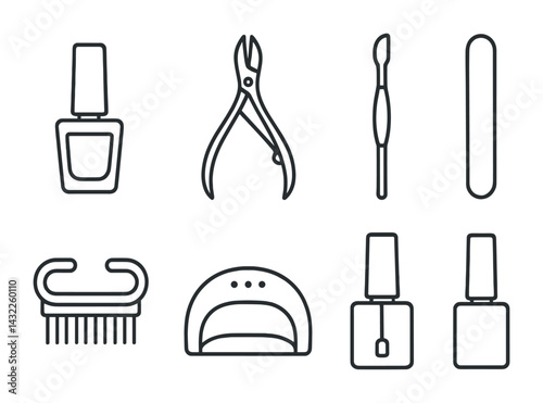 Nail care outline icons set – linear style manicure, beauty, and grooming symbols for salon branding: nail polish, clippers, cuticle pusher, file, brush, lamp, gel.