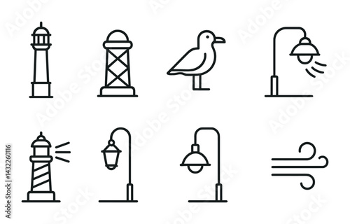 Coastal lighthouse outline icons – line style seaside, marine, and nautical symbols for ocean themes: lighthouse, seagull, lantern, ocean wind, marine lamp