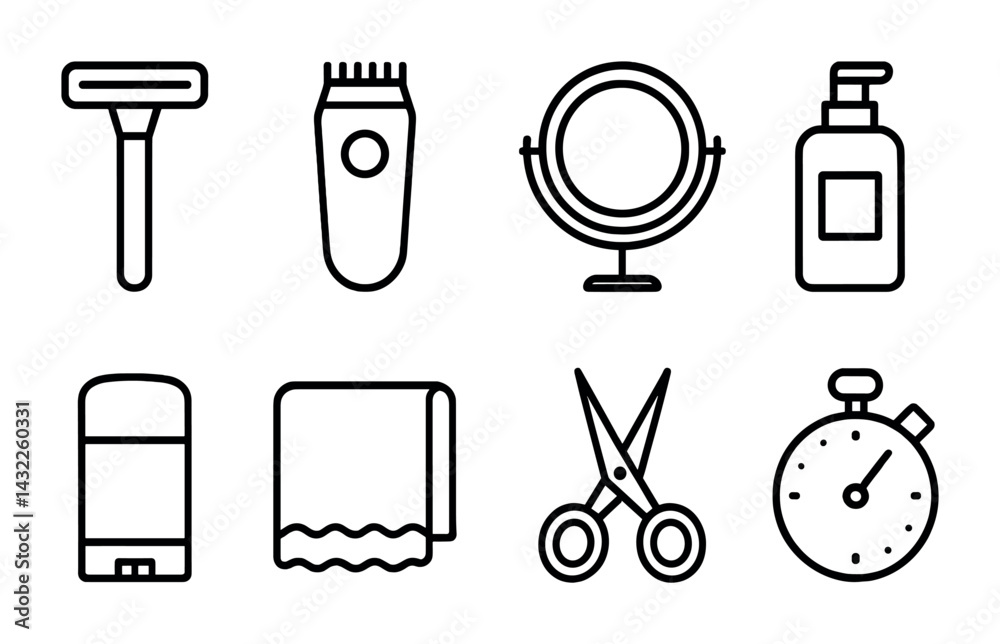 Personal grooming and hygiene icon set – outline style for self-care and beauty: razor, clipper, mirror, lotion, deodorant, towel, scissors, timer Personal grooming and hygiene icon set – outline style for self-care and beauty: razor, clipper, mirror, lotion, deodorant, towel, scissors, timer