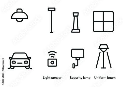 Smart home automation outline icons set – linear style technology, energy, and security symbols for modern living: ceiling lamp, floor lamp, smart car, light sensor, security lamp, uniform beam.