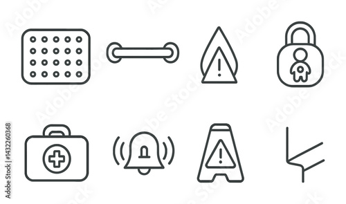 Home safety outline icons set – linear style protection, security, and emergency symbols for family well-being: shower mat, grab bar, warning triangle, child lock, first aid kit, alarm bell, caution