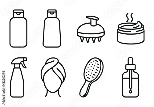 Hair care outline icons set – linear style grooming, beauty, and self-care symbols for personal care products: shampoo, conditioner, brush, oil, towel, spray, scalp massager