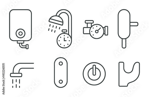 Home plumbing line icons set – outline style water fixtures, bathroom, and diy symbols for house maintenance: shower, faucet, valve, heater, drain, pipe, timer, switch.