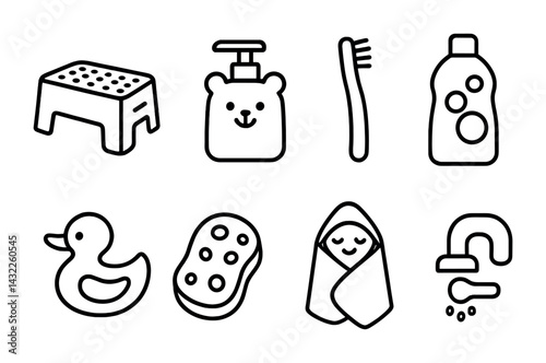 Baby hygiene and bath time icons set – outline style essential infant care, grooming, and cleanliness symbols: stool, soap dispenser, toothbrush, shampoo, duck, sponge, towel, faucet.