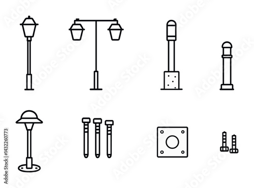 Urban street furniture line icons – flat style cityscape, architecture, and public design symbols for urban planning: lamp post, streetlight, bollard, bench, trash can, bus stop, mailbox.