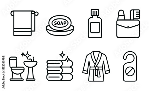 Bathroom essentials outline icon set – linear style for hygiene, relaxation, and personal care: towel, soap, shampoo, dental kit, sink, towels stack, robe, door hanger.