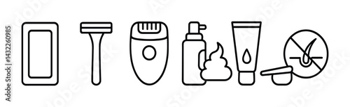 Personal care and hygiene outline icons set – linear style grooming, beauty, and skincare symbols for self-care essentials: shampoo, razor, epilator, lotion, cream, timer.
