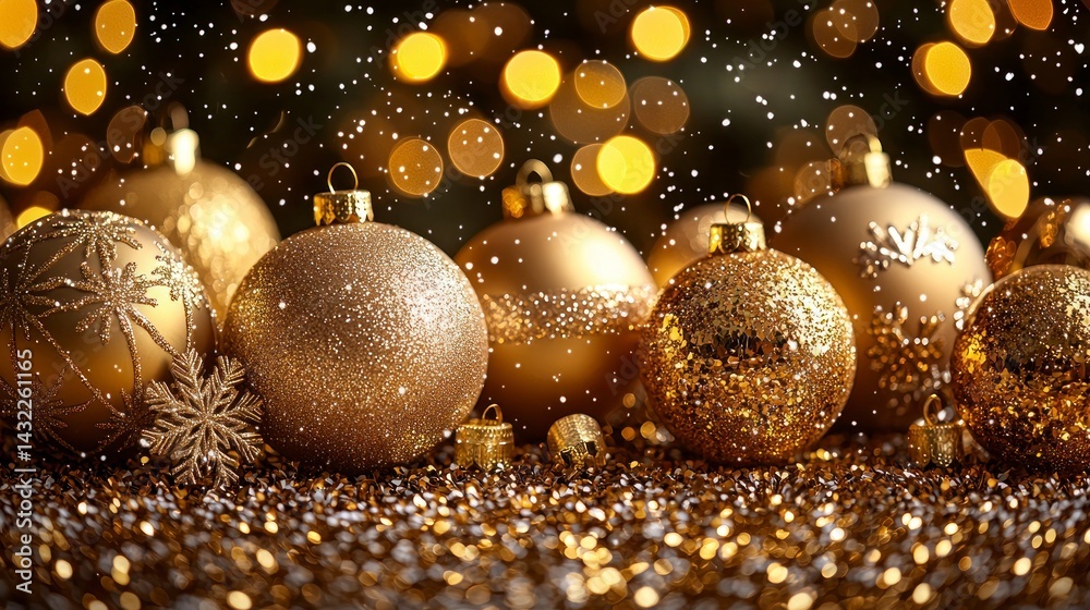 Glittering gold baubles with bokeh lights