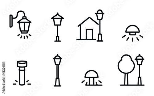 Outdoor lighting icons set - outline style for garden, street, and urban design: streetlight, park lamp, garden lantern, house light, city illumination, landscape post