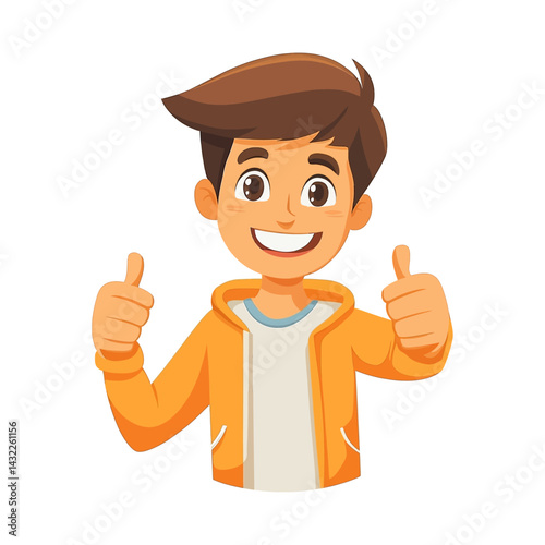 Joyful Young Boy Giving Double Thumbs Up in Orange Jacket