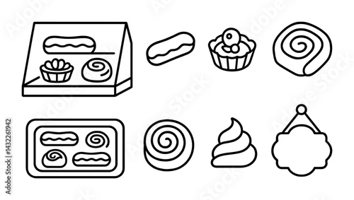 Bakery and pastry outline icons set – linear style sweet treats, dessert, and confectionery symbols for culinary design: eclair, cupcake, cinnamon roll, tart, whipped cream