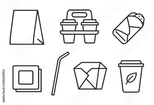 Eco-friendly takeout icon set – outline style for sustainable packaging, green living, and environmental awareness: napkin, straw, cup, tent, wrap, carton, drinks, leaf.