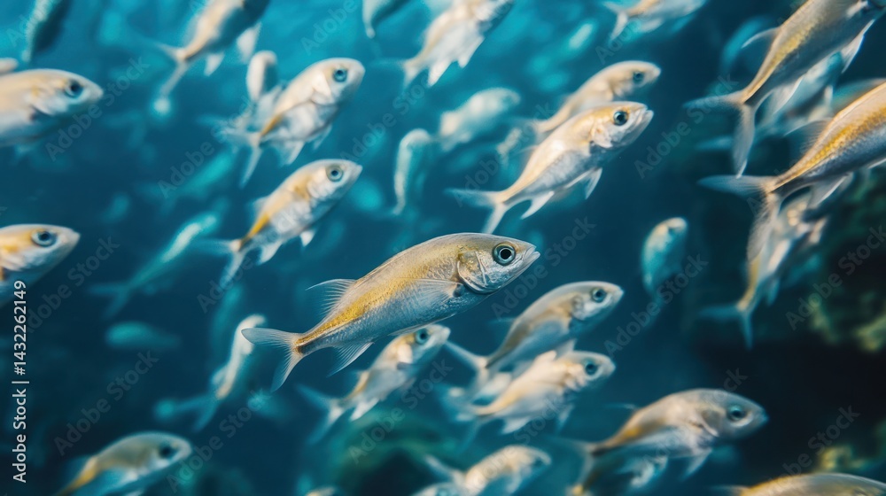 Obraz premium Hypnotic shoal: Silver fish schooling in cerulean ocean depth for migration