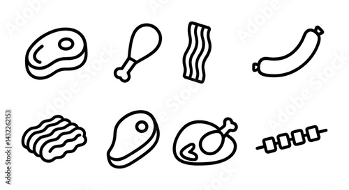 Bbq and grilling icon set – outline style for culinary adventures, food prep & cookout: steak, drumstick, sausage, bacon, kebab, meat skewer, barbecue grill