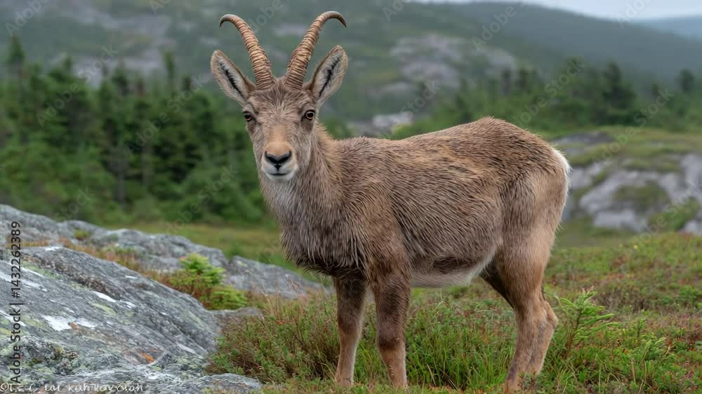 Portrait of an ibex standing in a mountainous terrain with blurred background Portrait of an ibex standing in a mountainous terrain with blurred background