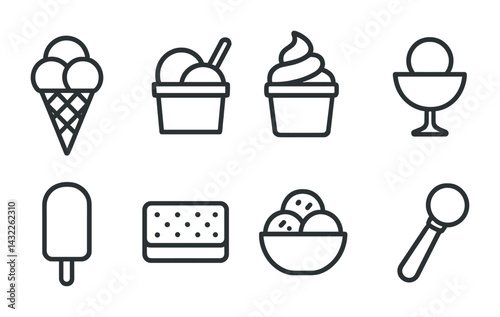 Ice cream treats outline icons set – linear style desserts, sweet treats, and frozen delights symbols for summer: cone, cup, sundae, popsicle, sandwich, scooper.