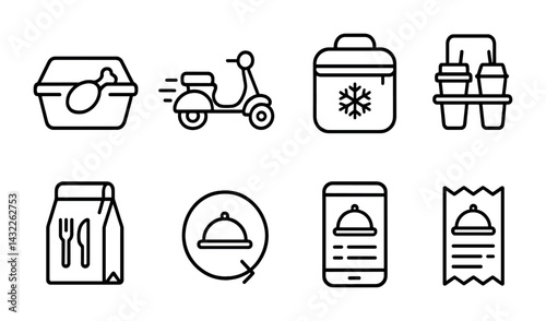 Food delivery and takeout icon set – outline style dining, restaurant, and courier symbols for digital menus: scooter, takeout box, drink holder, food bag, receipt.
