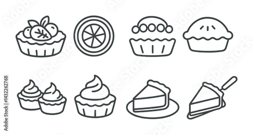 Delicious desserts outline icons set – flat bakery, pastry, and sweet treats symbols for culinary projects: fruit tart, lemon pie, berry tart, cupcake, cheesecake, pie slice.