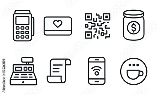 E-commerce and retail outline icon set – linear style shopping and payment symbols for business solutions: pos terminal, loyalty card, qr code, cash register, receipt, mobile payment, coffee cup