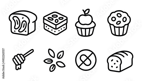 Bakery and pastry line icons set - outline style for cooking, dessert, and gluten-free themes: bread, cake slice, cupcake, muffin, honey, seeds, no gluten, loaf