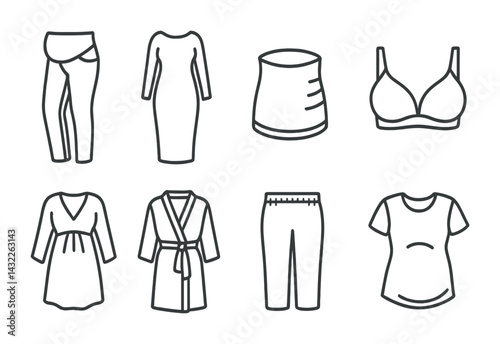Maternity wear outline icons set – linear style fashion, pregnancy, and clothing symbols for stylish moms: dress, leggings, bra, robe, t-shirt, pants, skirt, top