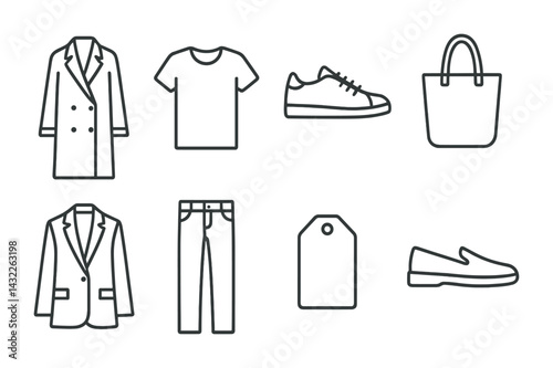 Fashion and apparel outline icon set – linear style clothing, accessories, and wardrobe symbols for design: coat, t-shirt, sneakers, tote bag, blazer, jeans, price tag, loafers.
