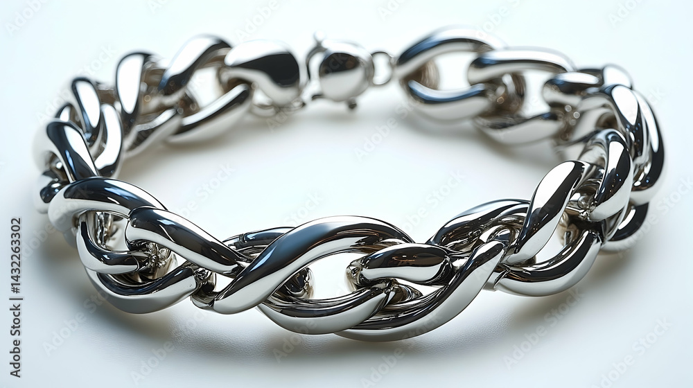 Obraz premium Polished Silver Chain Bracelet with Interlocking Links on White